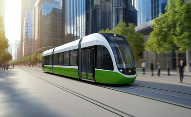 Obraz premium A modern green tram travels through a vibrant city center lined with tall buildings and green trees.