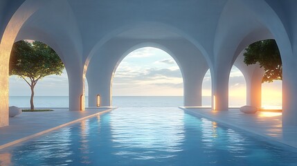 Fototapeta premium Picturesque Arching Corridor with Scenic Ocean Sunset Horizon : Generative AI