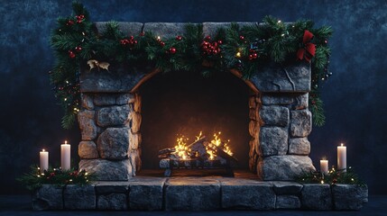 Classic stone fireplace with holiday decorations, isolated on a midnight blue background with glowing candlelight