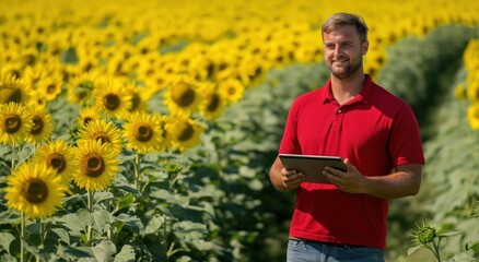 Male farmer using a tablet in a blooming sunflower field, highlighting the use of modern technology in agriculture and sustainable farming practices.