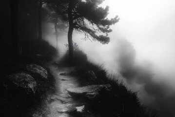 Misty path leading through the forest, mystical ambience