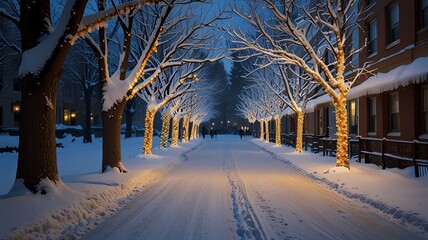 A snowy street lined with trees adorned with twinkling lights.  Footprints in the snow suggest recent activity and a quiet, peaceful atmosphere.