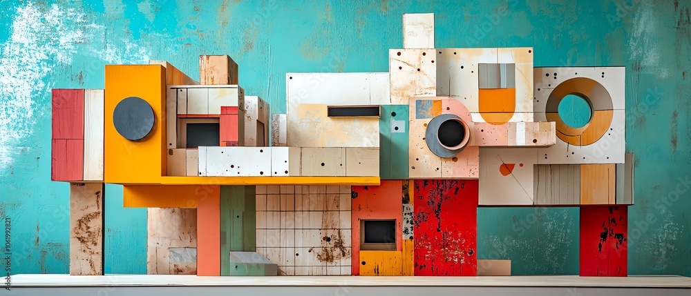 Aufkleber dynamic abstract house design crafted from paper collage materials, showcasing an eclectic mix of sh