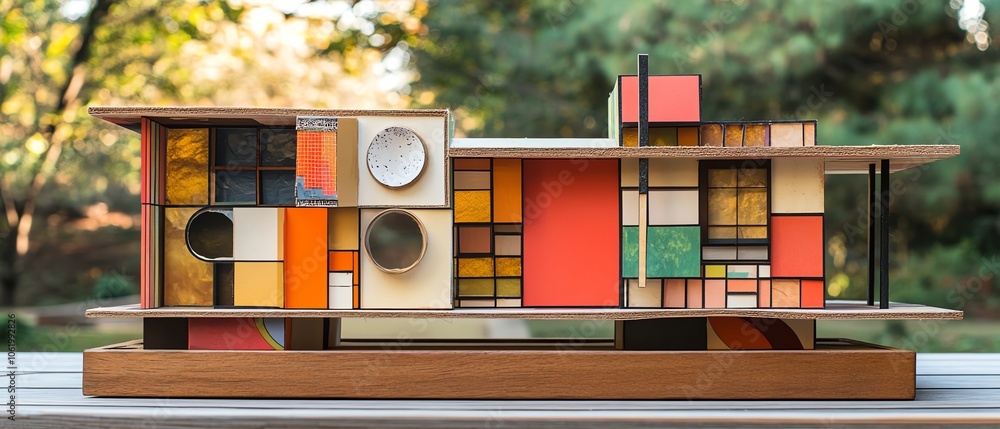 Poster Dynamic abstract house design crafted from paper collage materials, showcasing an eclectic mix of shapes and colors for visual interest