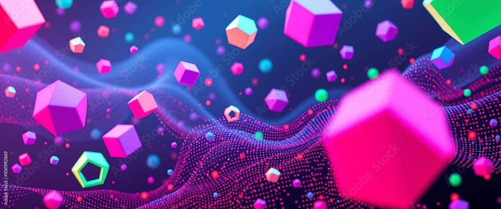 Poster a vibrant 3d visualization of a digital world, with floating geometric shapes and particles represen