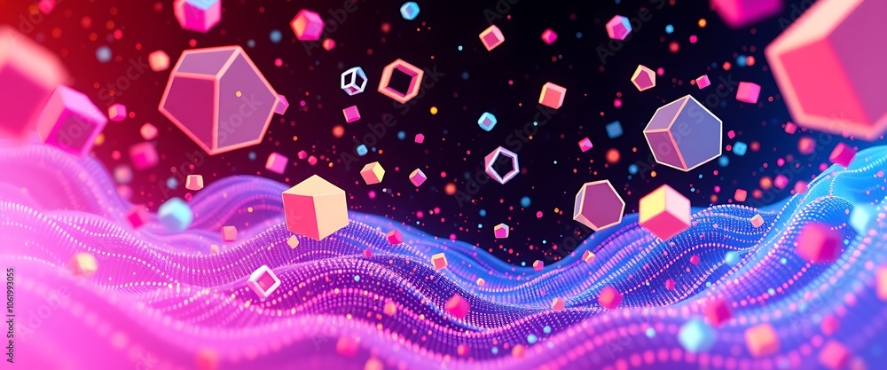 Aufkleber a vibrant 3d visualization of a digital world, with floating geometric shapes and particles represen