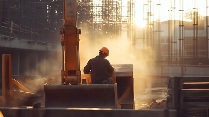 Fototapeta premium Dawn at the construction site a worker prepares for a new day amidst the rising sun and dusty atmosphere