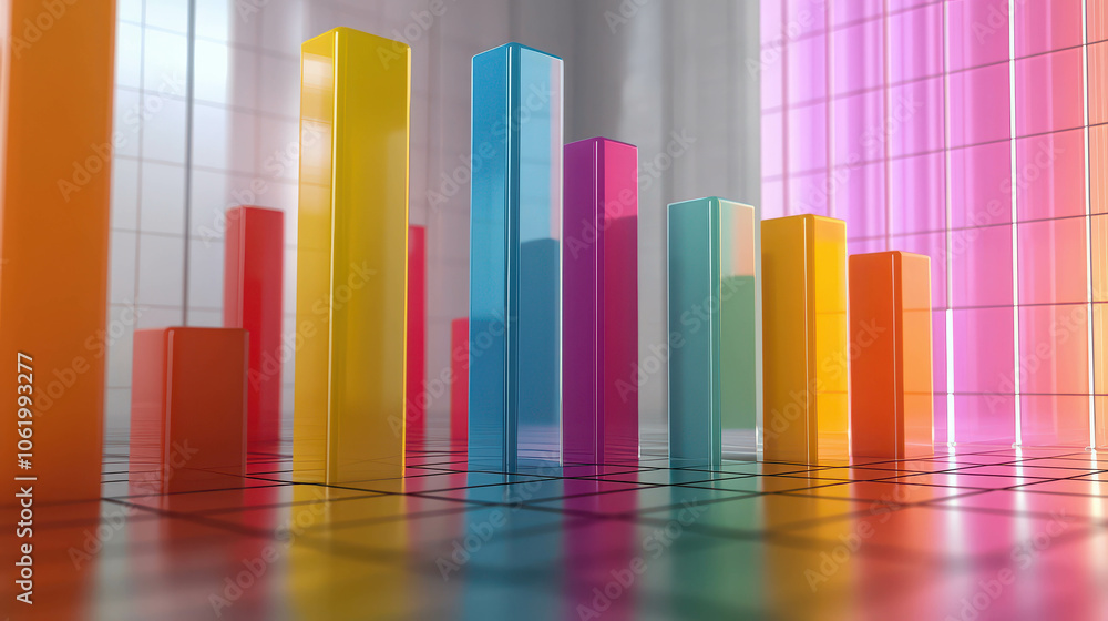 Poster colorful bar graph: abstract minimalist 3d illustration of a bar graph with vibrant colors and a ref