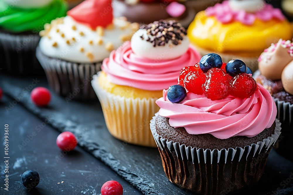 Poster colorful assorted cupcakes with berries and frosting on rustic slate background : generative ai