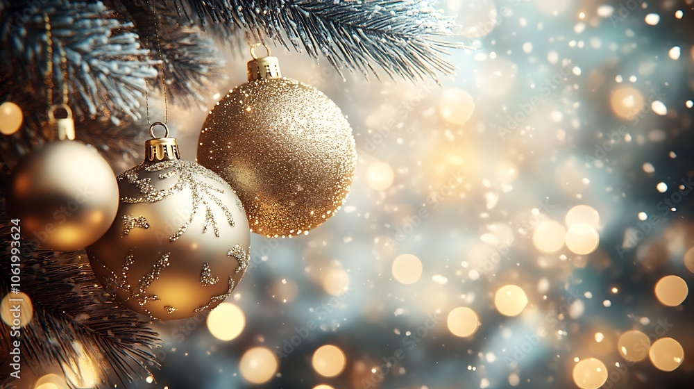 Poster golden christmas tree ornaments with beautiful background bokeh lights : generative ai