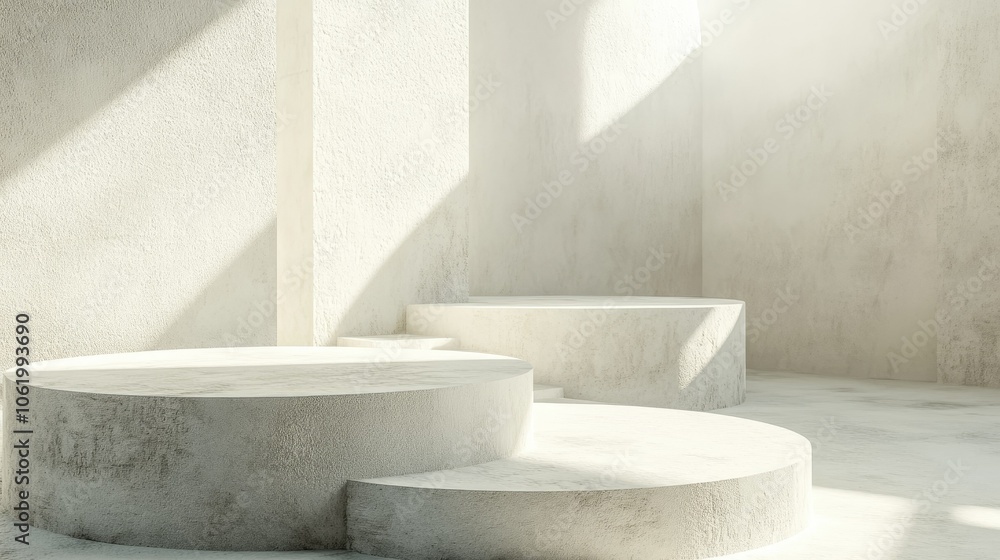 Aufkleber 3d render of a set of minimalistic podiums in soft, white tones with cinematic lighting. the scene i