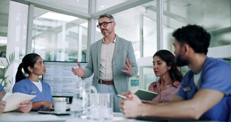 Workshop, presentation and doctors with business people in meeting for research grant, partnership and feedback. Healthcare, medical funding and approval with team in hospital for investment support - Powered by Adobe