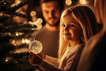 Young girl joyfully decorating Christmas tree with family during festive holidays : Generative AI