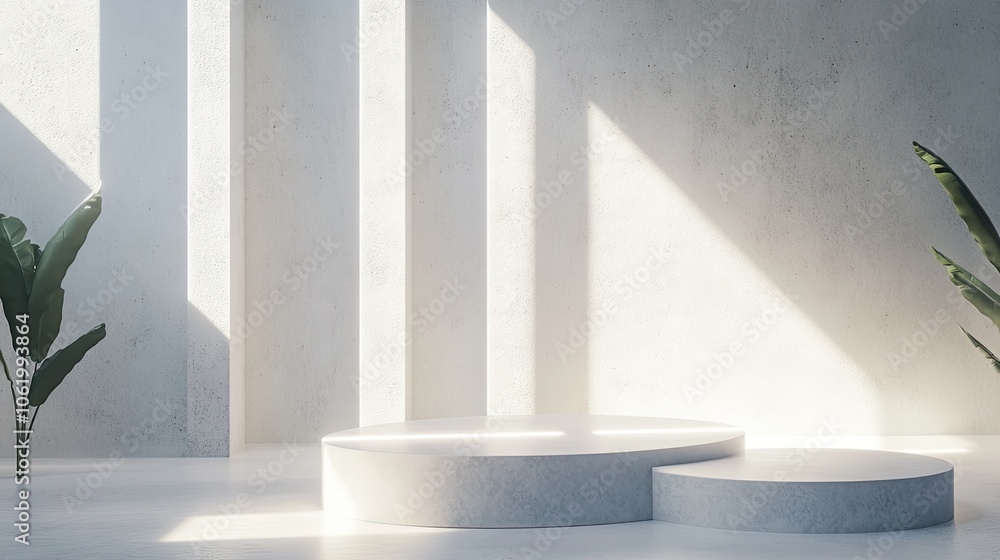 Poster 3d render of a set of minimalistic podiums in soft, white tones with cinematic lighting. the scene i