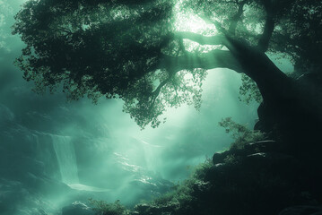 Tree silhouette with a foggy dark mystical ambience 