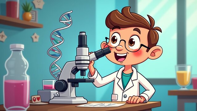 A young boy scientist in a lab coat is excited as he looks through a microscope