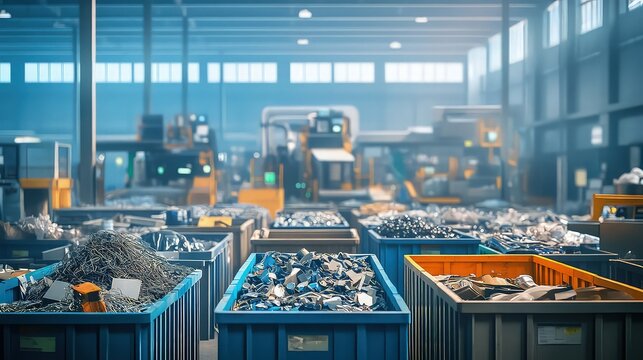 A circular economy recycling center where different materials such as metals, plastics, and glass are sorted into bins for reprocessing. 