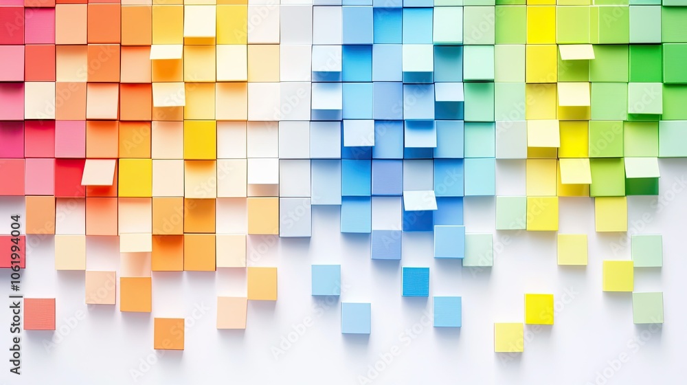 Fototapete A series of small rainbow squares on a bright white backdrop, arranged in a neat, geometric pattern, creating a fun and colorful abstract image.
