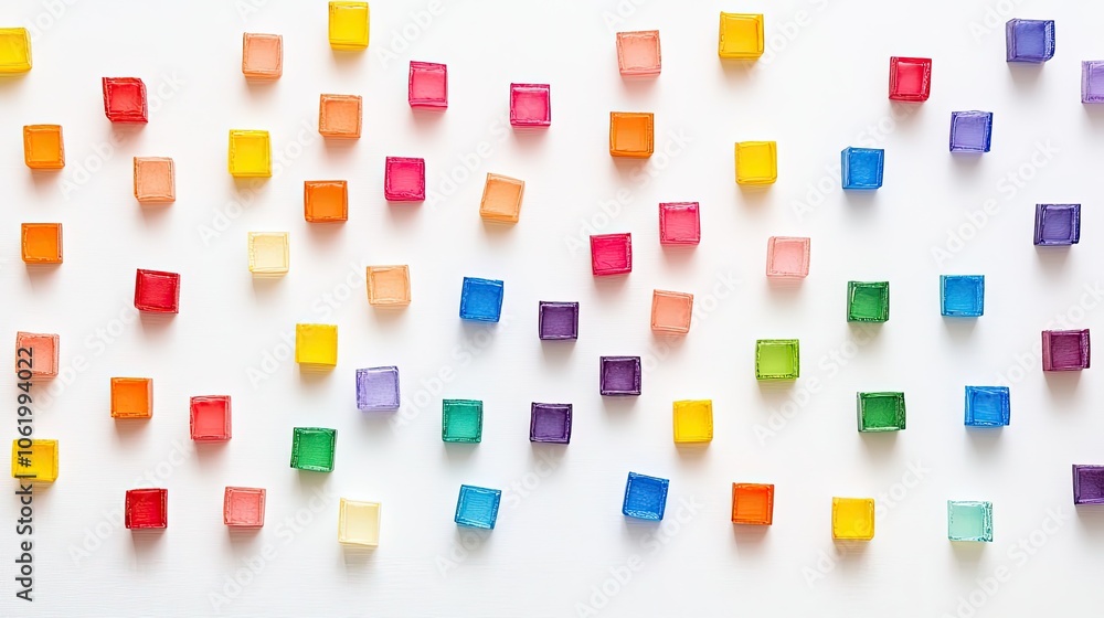 Fototapete A series of small rainbow squares on a bright white backdrop, arranged in a neat, geometric pattern, creating a fun and colorful abstract image.