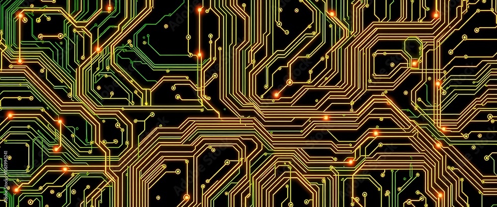 Poster an abstract circuit board wallpaper with intricate patterns and glowing lines, representing the back