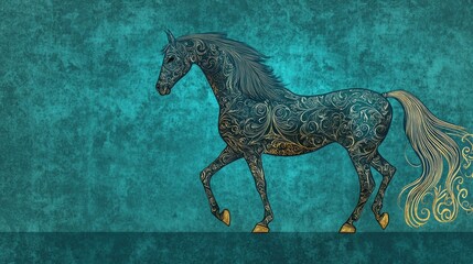 Intricate Stylized Golden Horse Design on Turquoise Background