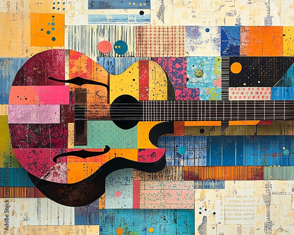 Poster Stylish paper collage design featuring a guitar, blending various patterns and hues to create an engaging musical art piece