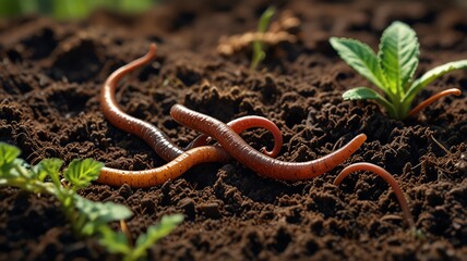 Fototapeta premium Close-up of earthworms crawling on rich, dark soil. Tiny green plants sprout in the background, highlighting the importance of worms in healthy ecosystems.