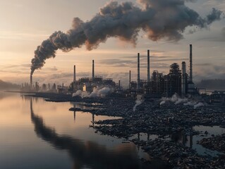 A somber industrial landscape featuring factories emitting smoke, reflecting on a calm body of water during dusk, highlighting environmental concerns.