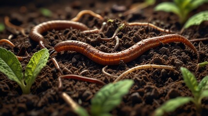 Fototapeta premium Close-up of earthworms wriggling through rich, dark soil. The worms are a vibrant red-brown color, and their bodies are segmented. Small green plants are growing in the soil.