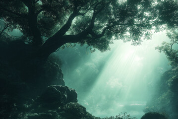 Tree silhouette with a foggy dark mystical ambience 