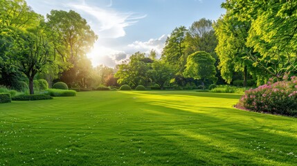 Fototapeta premium Beautiful Landscape nature background panorama image of spring nature with surrounded by trees against a blue sky with clouds on a bright sunny day.