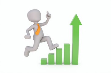 3d man red arrow success chart on white background.