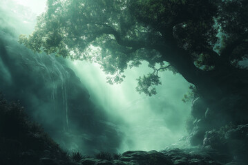 Tree silhouette with a foggy dark mystical ambience 