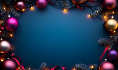 Naklejka premium Colorful Holiday Bauble Frame with Pine Branches and Twinkling Lights on Blue : Generative AI