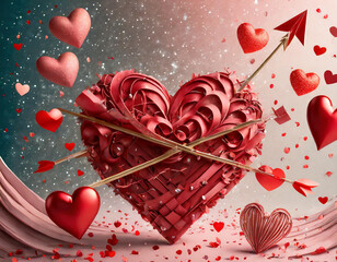 Valentine’s Day Banner with Vibrant Red Hearts, Cupid Arrows, and Shimmering Confetti for a Festive Romantic Scene
