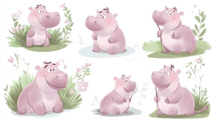 Obraz premium Cute Cartoon Hippos in Various Poses