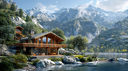 Naklejka premium Rustic Cabin in a Mountain Landscape