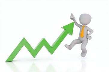 3d man red arrow success chart on white background.