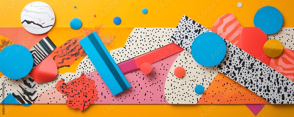 Poster a dynamic paper collage background reflecting 1990s trends, filled with eclectic shapes, patterns, a