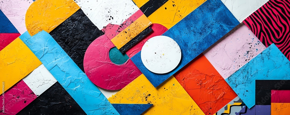 Poster a dynamic paper collage background reflecting 1990s trends, filled with eclectic shapes, patterns, a