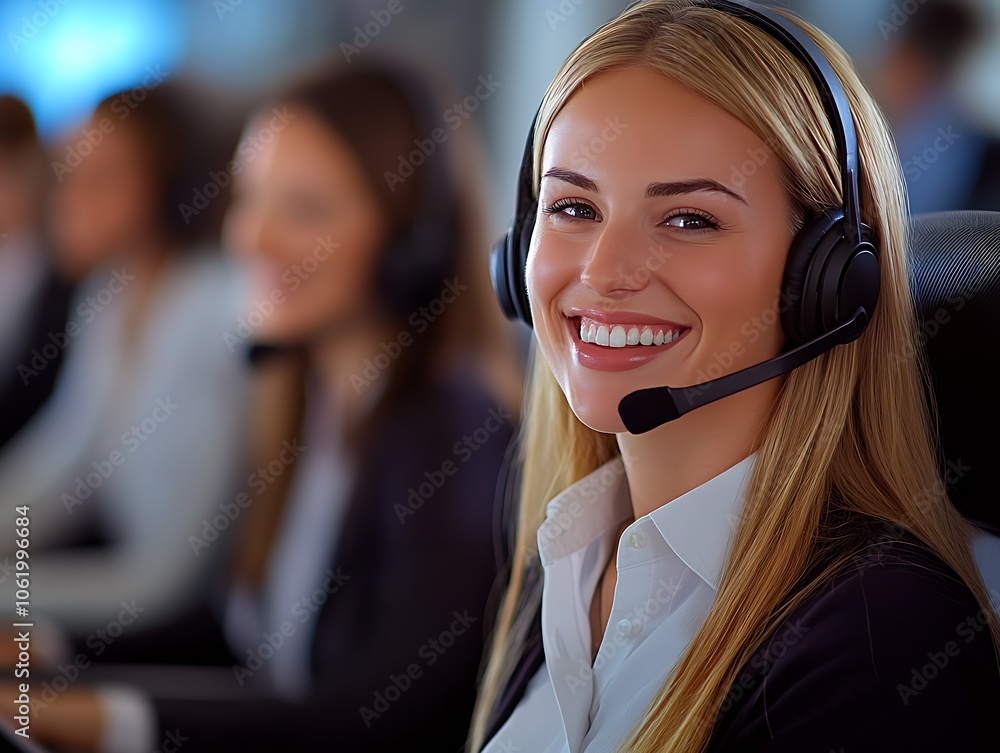 Poster professional customer service team working in call center office environment : generative ai