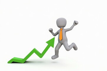 3d man red arrow success chart on white background.