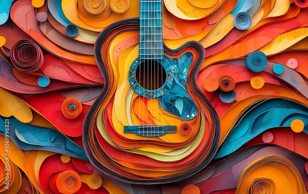 Aufkleber a lively and colorful paper collage illustration of a guitar, perfect for generative ai projects tha