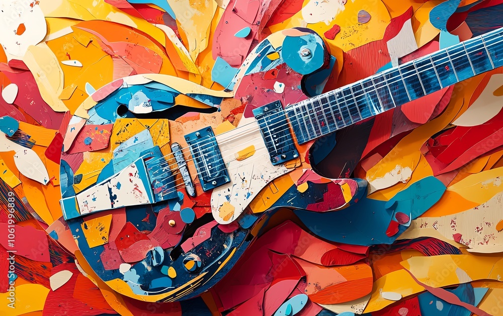 Poster a lively and colorful paper collage illustration of a guitar, perfect for generative ai projects tha