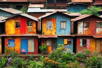 Rusty, patched-up metal homes forming a small community, with colorful fabrics and plants adding life amidst poverty