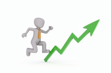 3d man red arrow success chart on white background.