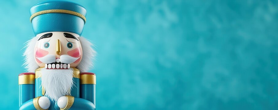 Royal blue Nutcracker with white beard and gold trim, solid deep blue background, 3D illustration