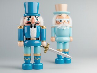 Naklejka premium Whimsical Nutcracker in shades of blue, holding a sword, solid gray background, 3D illustration
