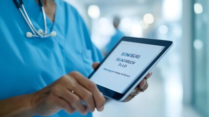 Elderly patient reviewing insurance benefits on tablet, modern hospital, supportive environment