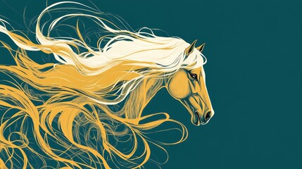 Stylized Golden Horse with Flowing Hair and Intricate Patterns